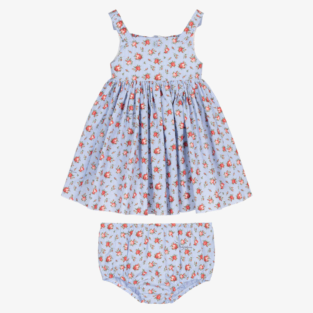 Dolce & Gabbana-Baby Girls Blue Gingham & Red Rose Print Poplin Dress | Childrensalon