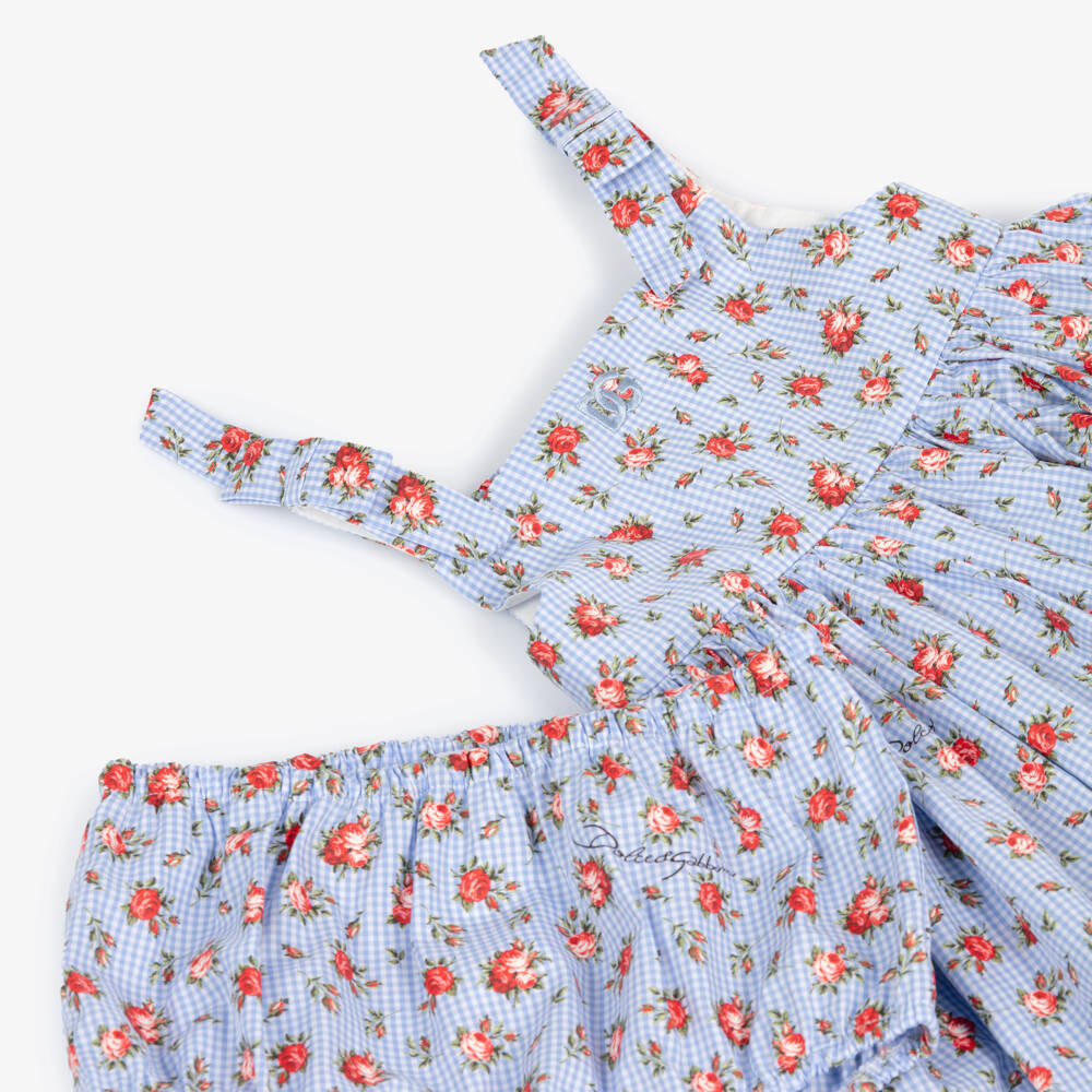 Dolce & Gabbana-Baby Girls Blue Gingham & Red Rose Print Poplin Dress | Childrensalon