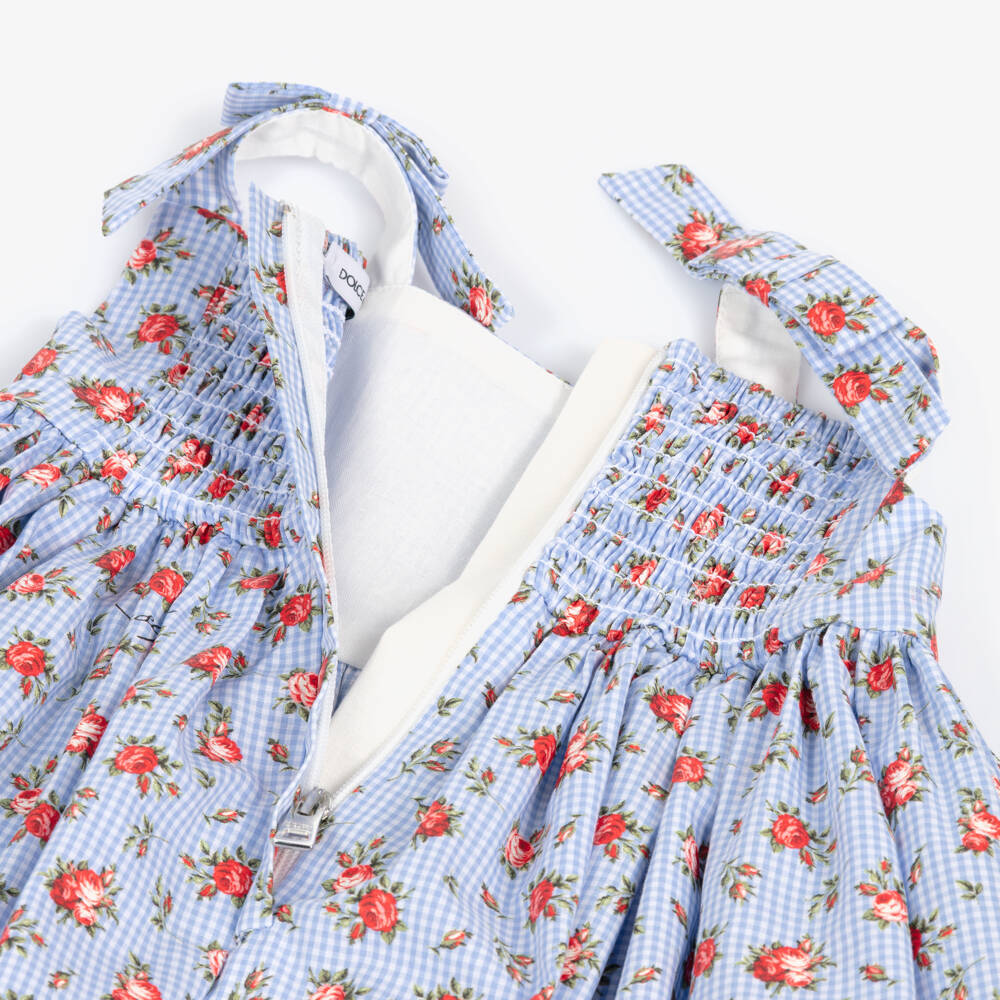 Dolce & Gabbana-Baby Girls Blue Gingham & Red Rose Print Poplin Dress | Childrensalon
