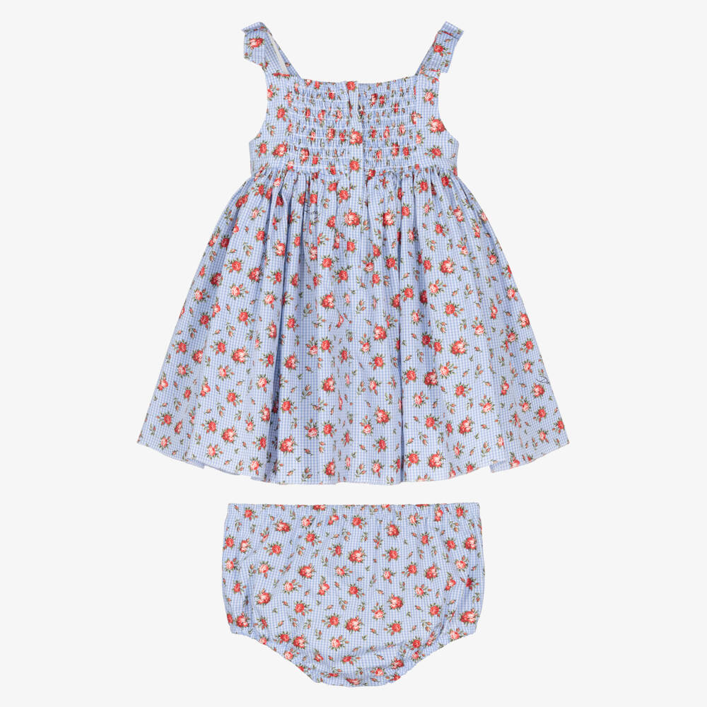 Dolce & Gabbana-Baby Girls Blue Gingham & Red Rose Print Poplin Dress | Childrensalon