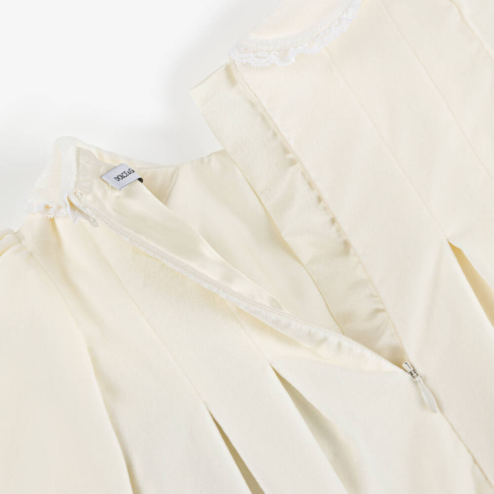 Dolce & Gabbana-Baby Girls Ivory Cotton Velour Dress with Lace Trim | Childrensalon