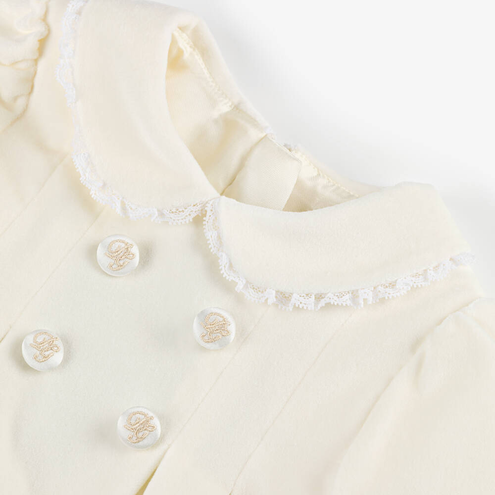 Dolce & Gabbana-Baby Girls Ivory Cotton Velour Dress with Lace Trim | Childrensalon