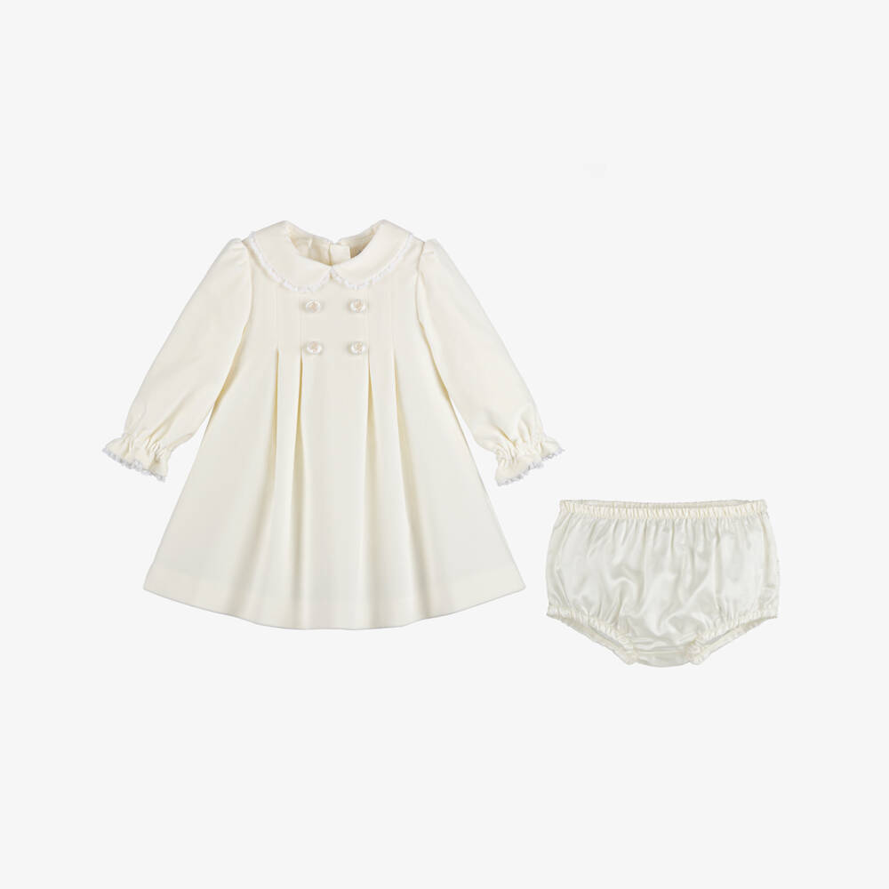 Dolce & Gabbana-Baby Girls Ivory Cotton Velour Dress with Lace Trim | Childrensalon