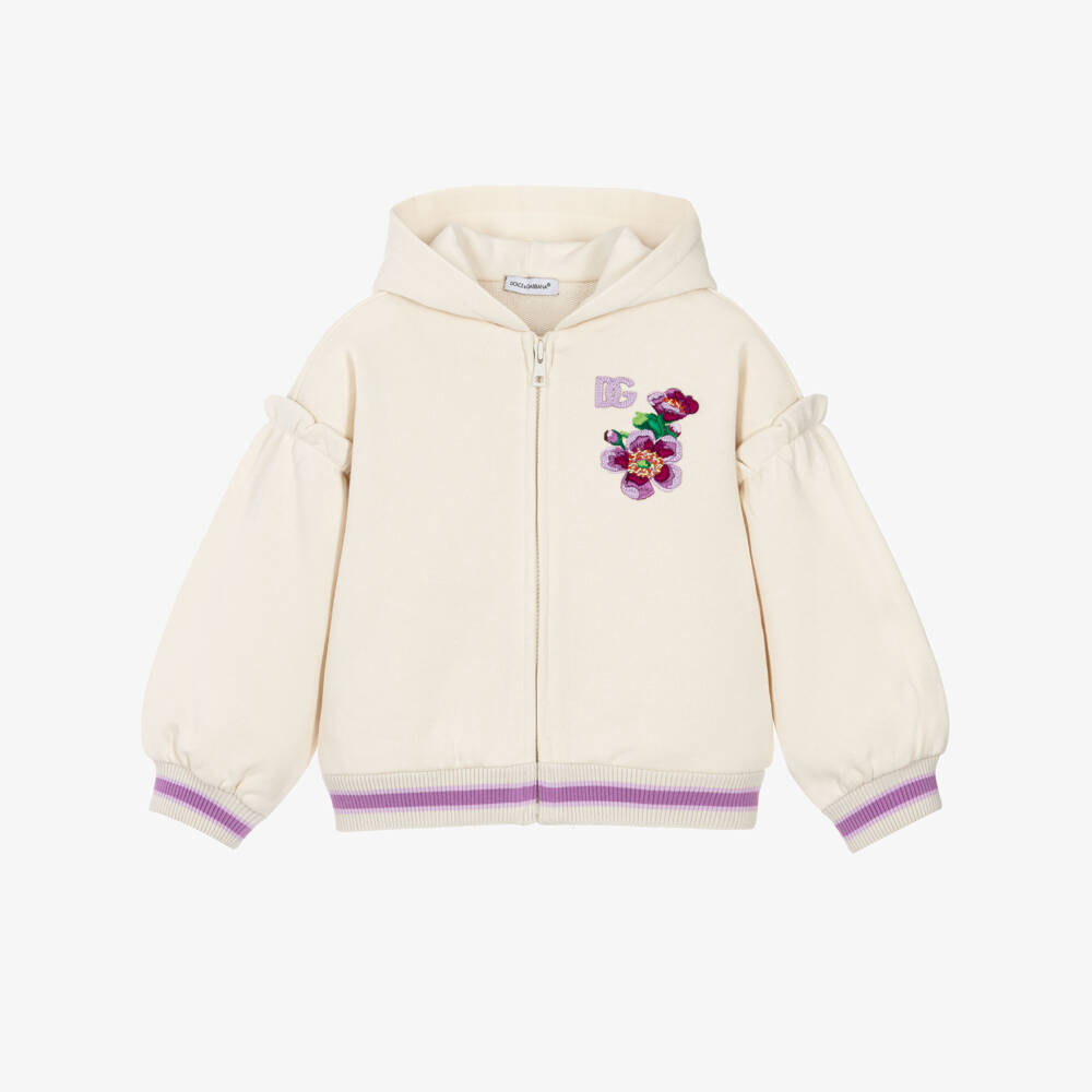 Dolce & Gabbana-Baby Girls Ivory Cotton Zip-Up Top with Floral Embroidery  | Childrensalon