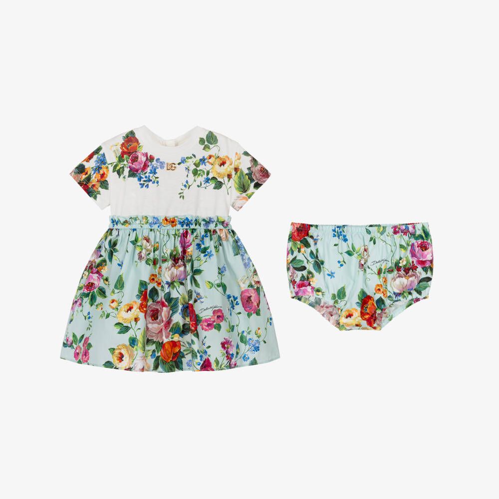 Dolce & Gabbana-Baby Girls Ivory & Green Floral Cotton Dress | Childrensalon