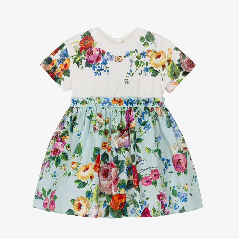 Dolce & Gabbana-Baby Girls Ivory & Green Floral Cotton Dress | Childrensalon