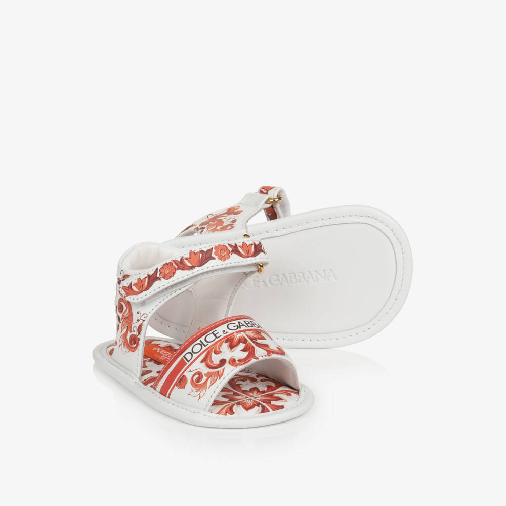 Dolce & Gabbana-Baby Girls Orange Majolica Print Leather Pre-Walker Sandals | Childrensalon