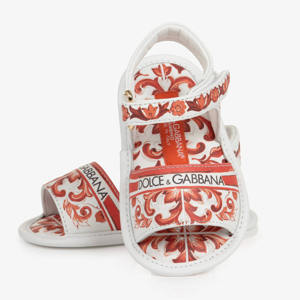 Dolce & Gabbana-Baby Girls Orange Majolica Print Leather Pre-Walker Sandals | Childrensalon