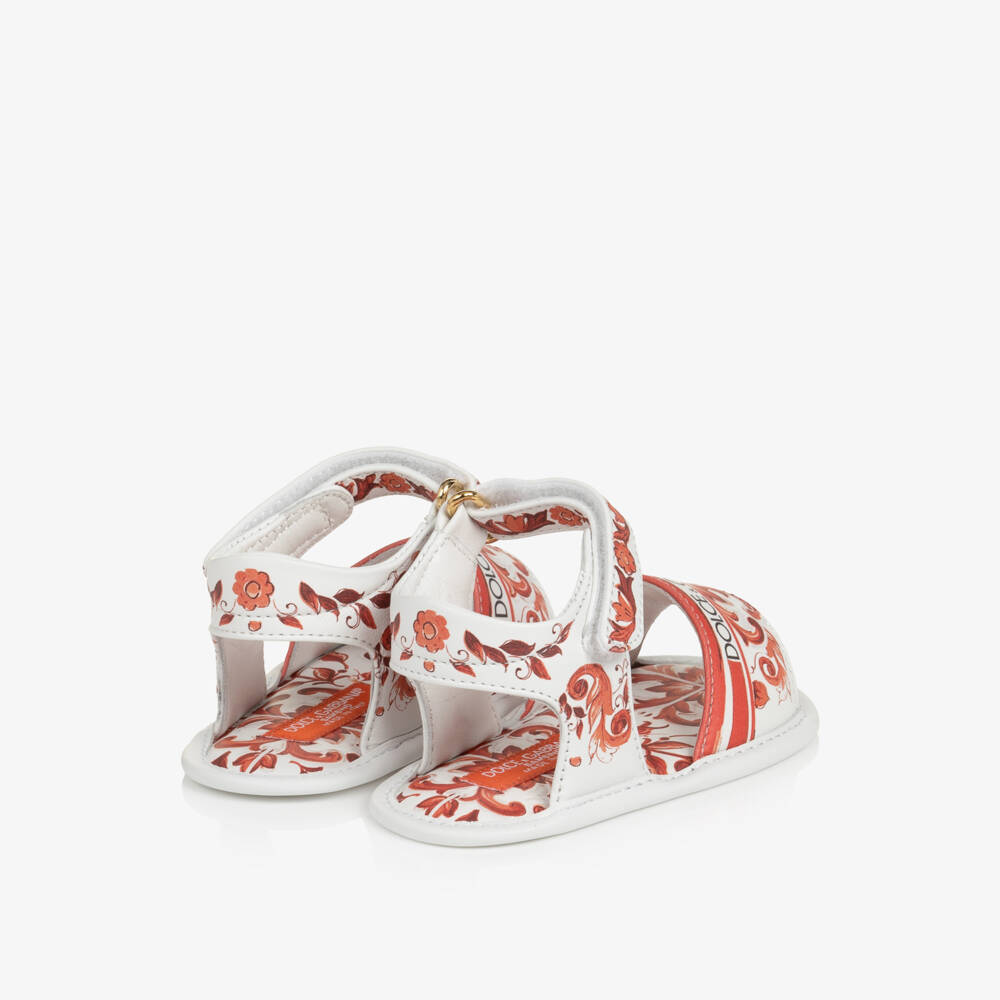 Dolce & Gabbana-Baby Girls Orange Majolica Print Leather Pre-Walker Sandals | Childrensalon