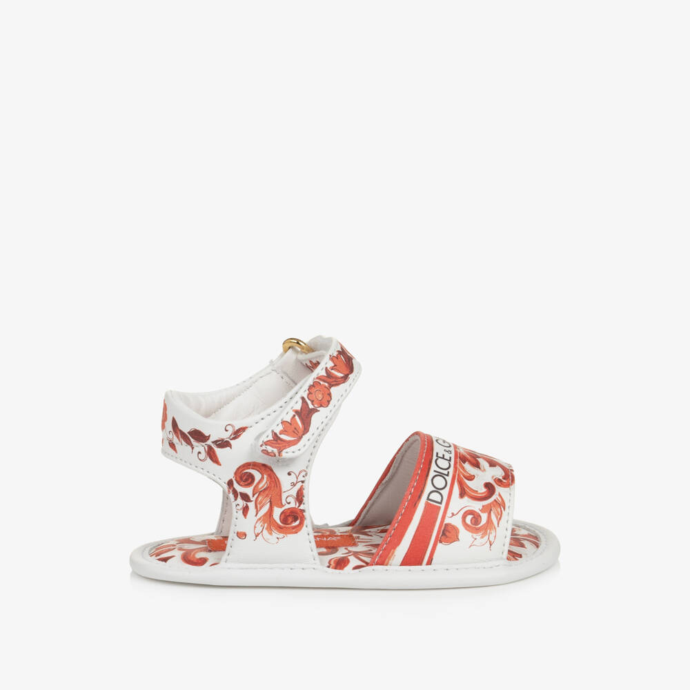 Dolce & Gabbana-Baby Girls Orange Majolica Print Leather Pre-Walker Sandals | Childrensalon