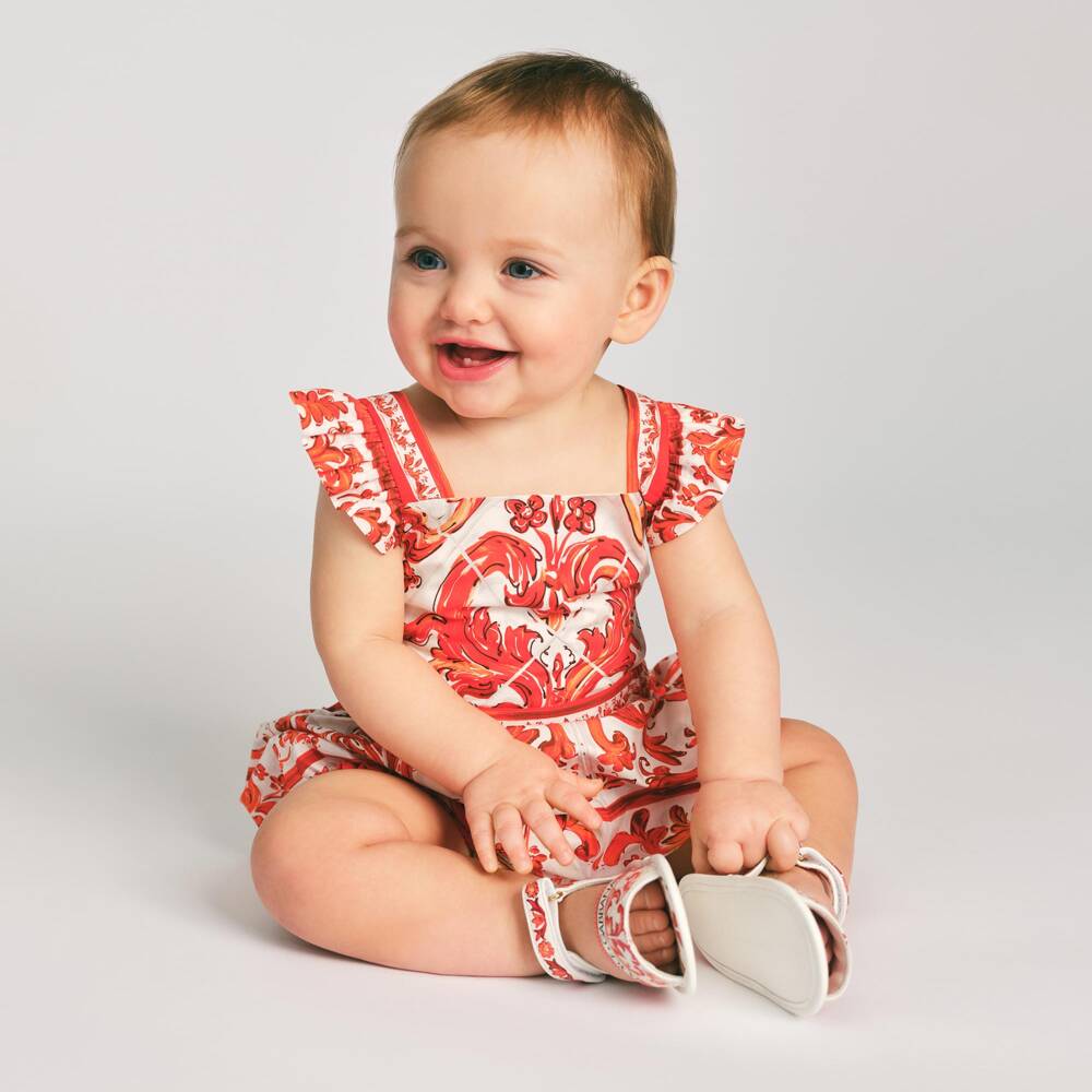 Dolce & Gabbana-Baby Girls Orange Majolica Print Leather Pre-Walker Sandals | Childrensalon