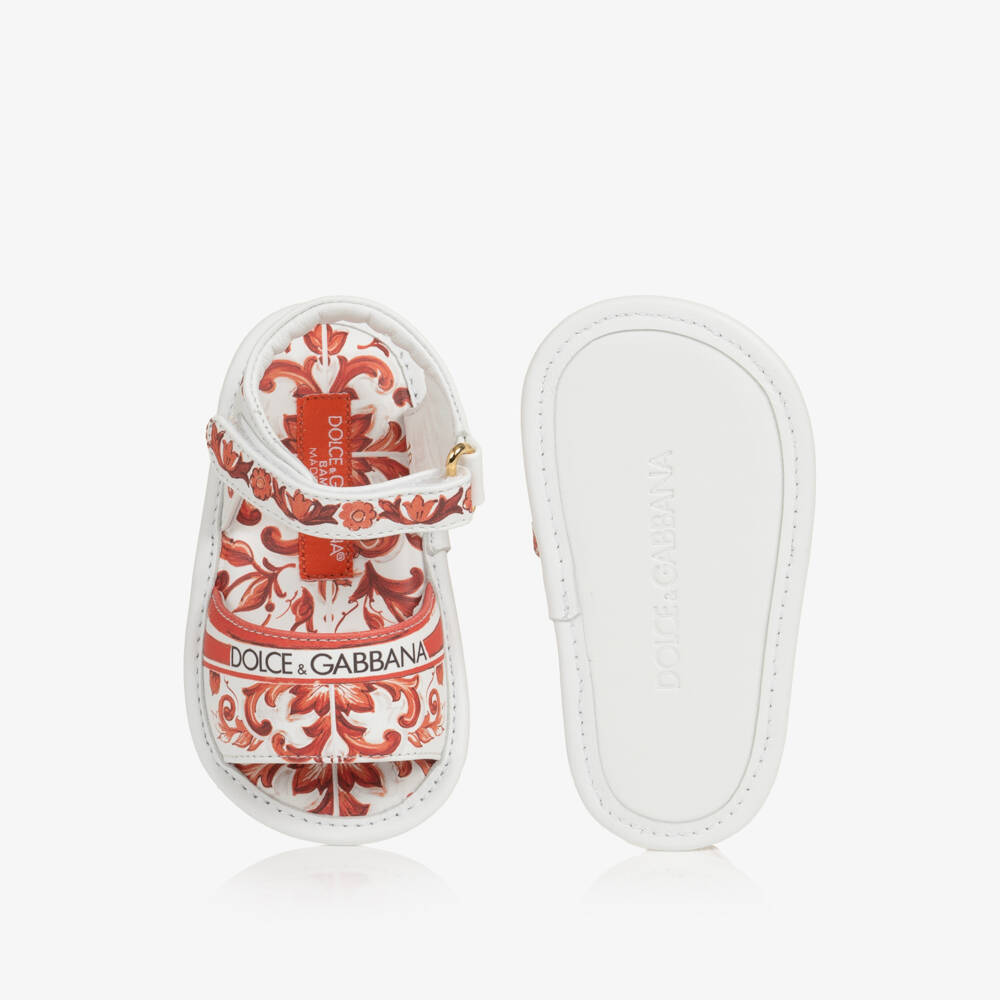 Dolce & Gabbana-Baby Girls Orange Majolica Print Leather Pre-Walker Sandals | Childrensalon