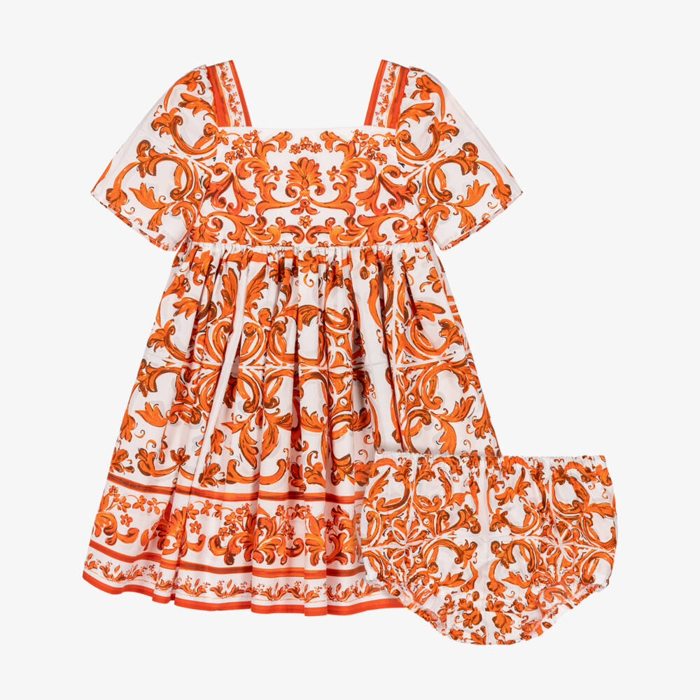 Dolce & Gabbana-Baby Girls Orange Majolica Print Poplin Dress | Childrensalon