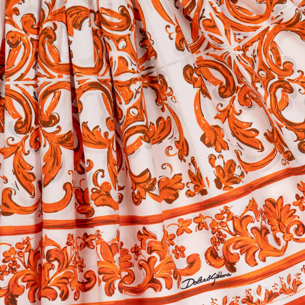 Dolce & Gabbana-Baby Girls Orange Majolica Print Poplin Dress | Childrensalon