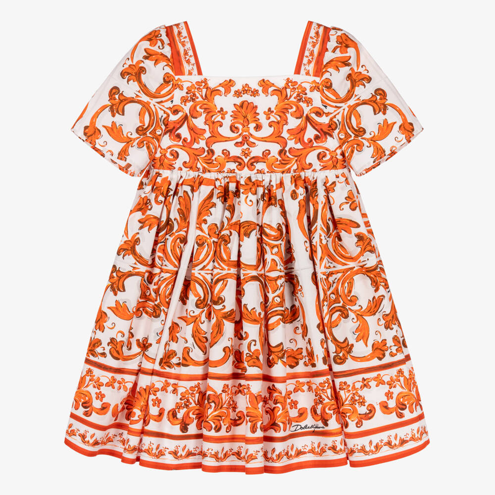 Dolce & Gabbana-Baby Girls Orange Majolica Print Poplin Dress | Childrensalon