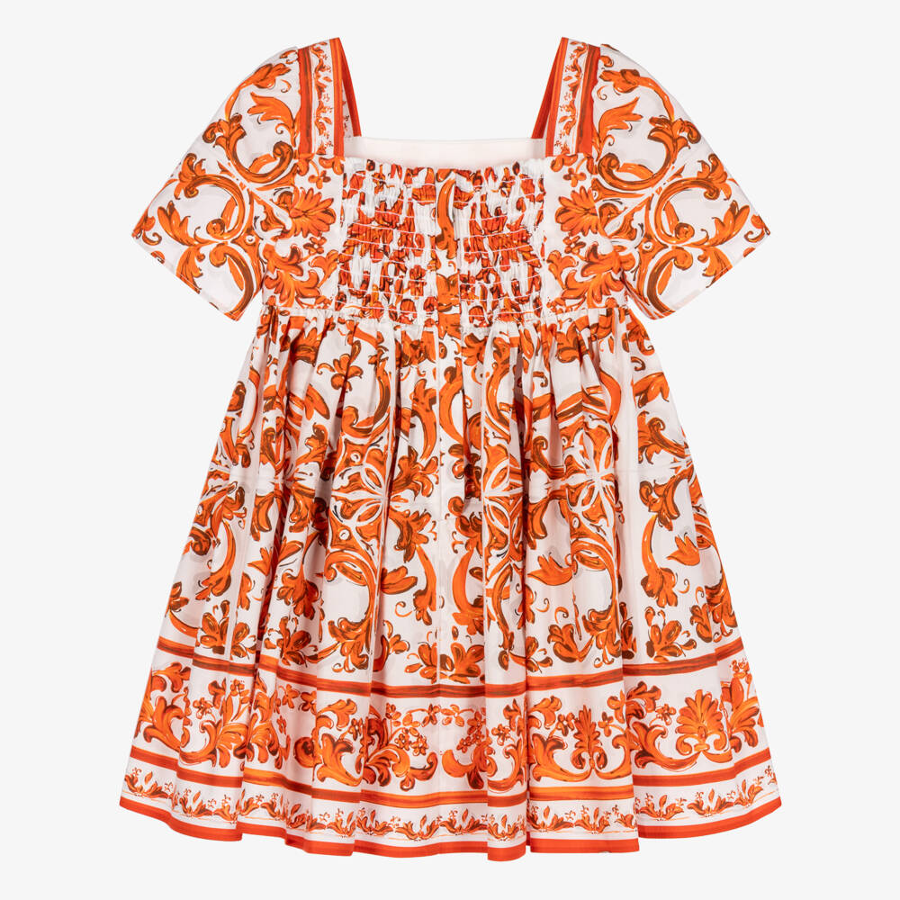 Dolce & Gabbana-Baby Girls Orange Majolica Print Poplin Dress | Childrensalon