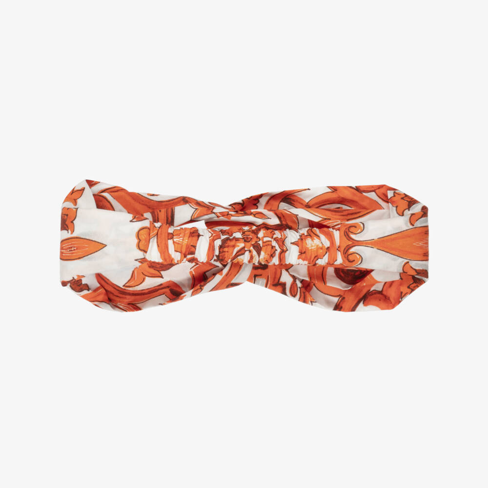 Dolce & Gabbana-Baby Girls Orange Majolica Print Poplin Headband | Childrensalon