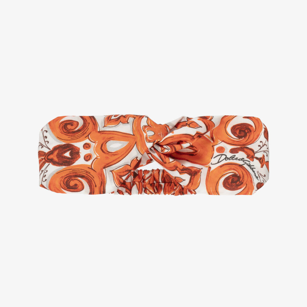 Dolce & Gabbana-Baby Girls Orange Majolica Print Poplin Headband | Childrensalon