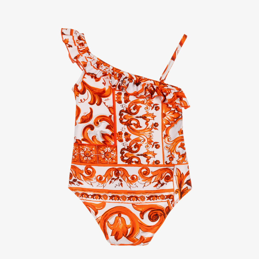 Dolce & Gabbana-Baby Girls Orange Majolica Print Swimsuit with Ruffles | Childrensalon