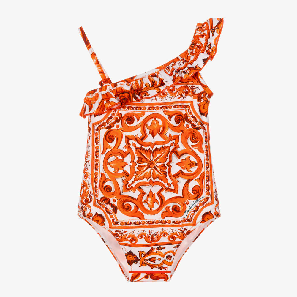Dolce & Gabbana-Baby Girls Orange Majolica Print Swimsuit with Ruffles | Childrensalon