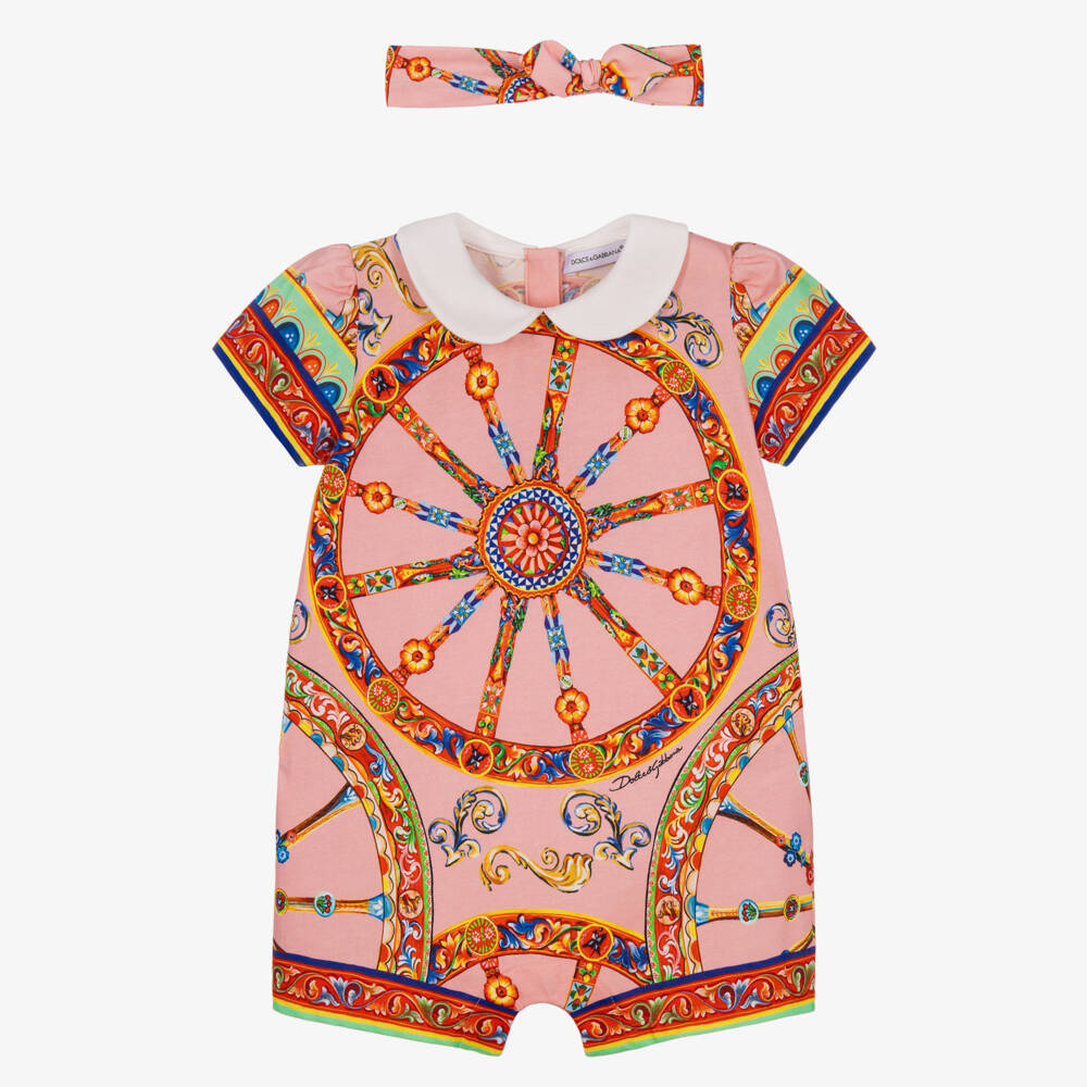 Dolce & Gabbana-Baby Girls Pink Carretto Print Shortie & Headband Gift Set | Childrensalon