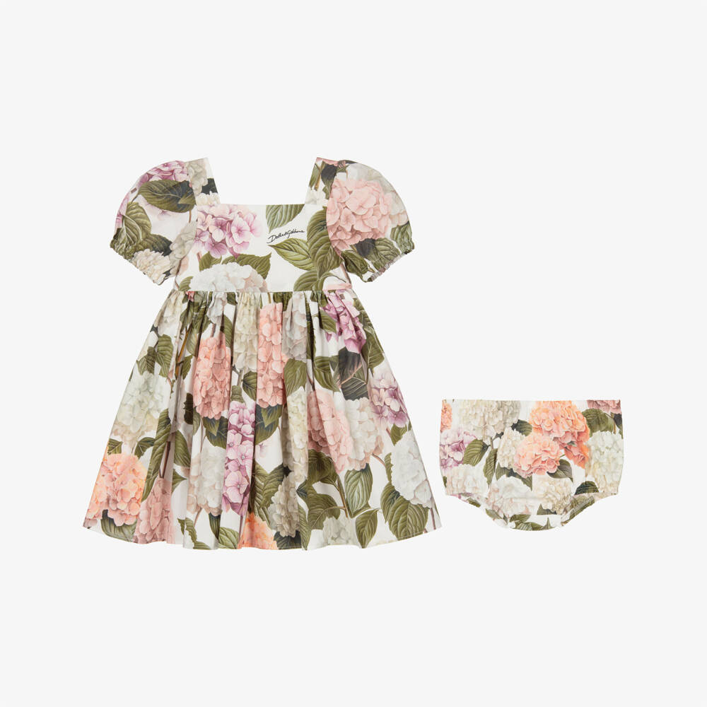 Dolce & Gabbana-Платье розово-зеленое из поплина с принтом гортензий для малышек | Childrensalon