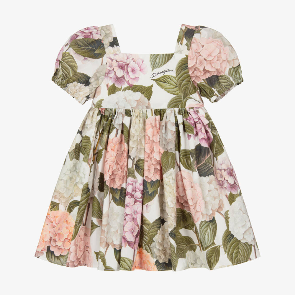 Dolce & Gabbana-Baby Girls Pink & Green Hydrangea Print Poplin Dress | Childrensalon