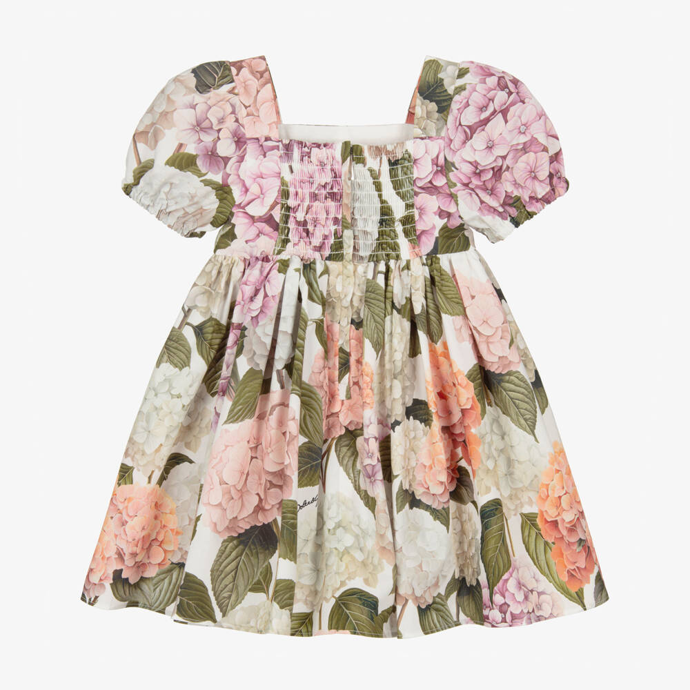 Dolce & Gabbana-Платье розово-зеленое из поплина с принтом гортензий для малышек | Childrensalon