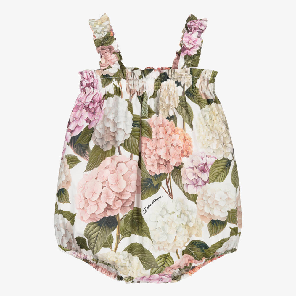 Dolce & Gabbana-Baby Girls Pink & Green Hydrangea Print Poplin Shortie | Childrensalon
