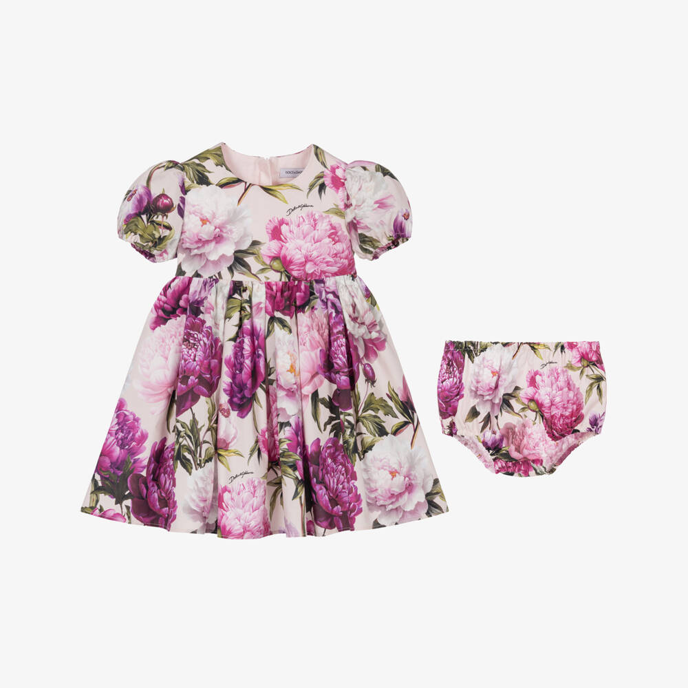 Dolce & Gabbana-Baby Girls Pink Peony Print Cotton Poplin Dress | Childrensalon
