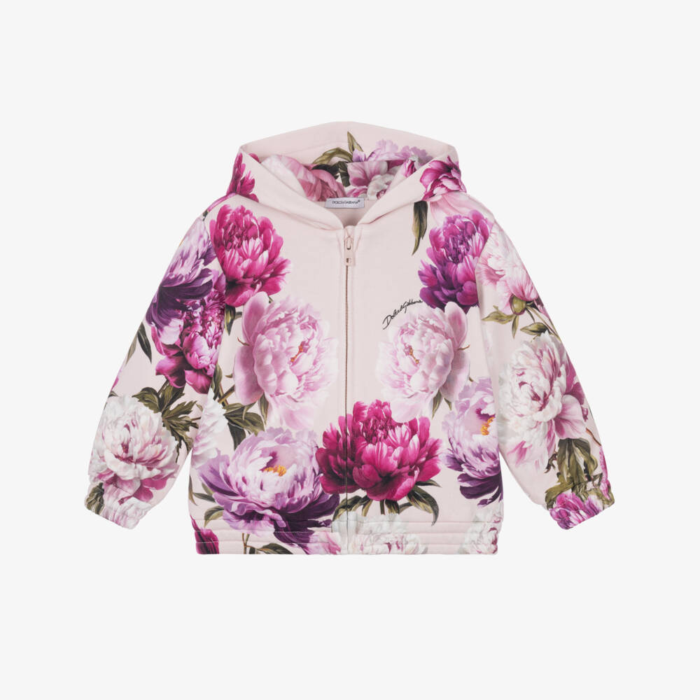 Dolce & Gabbana-Baby Girls Pink Peony Print Cotton Zip-Up Hoodie | Childrensalon