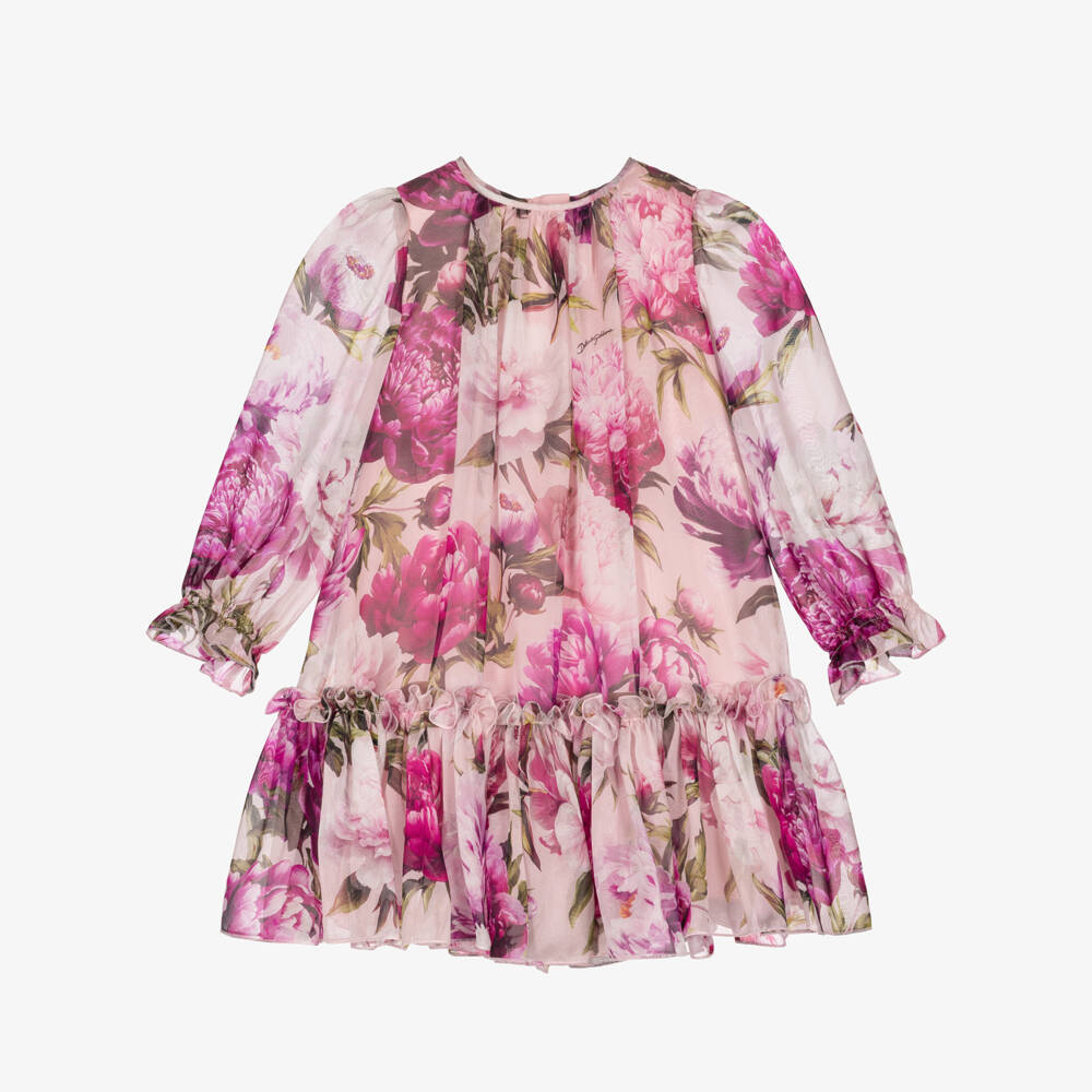 Dolce & Gabbana-Baby Girls Pink Peony Print Silk Chiffon Dress | Childrensalon