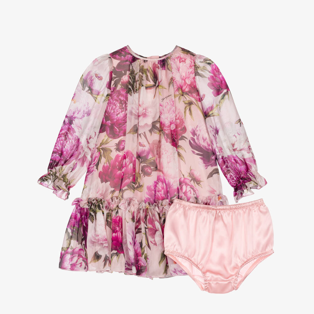 Dolce & Gabbana-Baby Girls Pink Peony Print Silk Chiffon Dress | Childrensalon