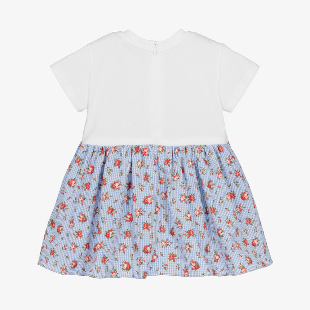 Dolce & Gabbana-Baby Girls White & Blue Gingham Floral Cotton Dress | Childrensalon