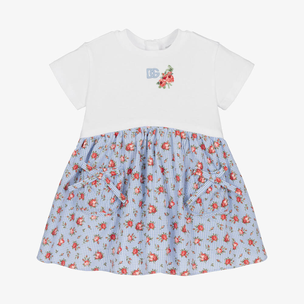Dolce & Gabbana-Baby Girls White & Blue Gingham Floral Cotton Dress | Childrensalon