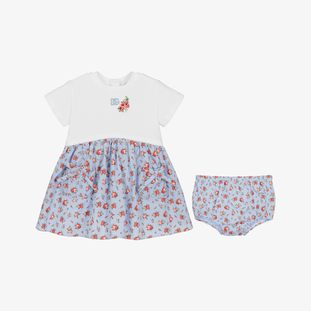 Dolce & Gabbana-Baby Girls White & Blue Gingham Floral Cotton Dress | Childrensalon