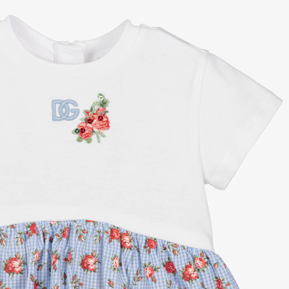 Dolce & Gabbana-Baby Girls White & Blue Gingham Floral Cotton Dress | Childrensalon