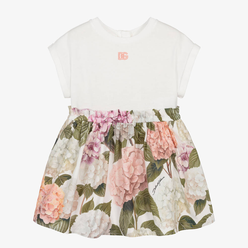 Dolce & Gabbana-Baby Girls White Cotton Dress with Pink Hydrangea Print | Childrensalon