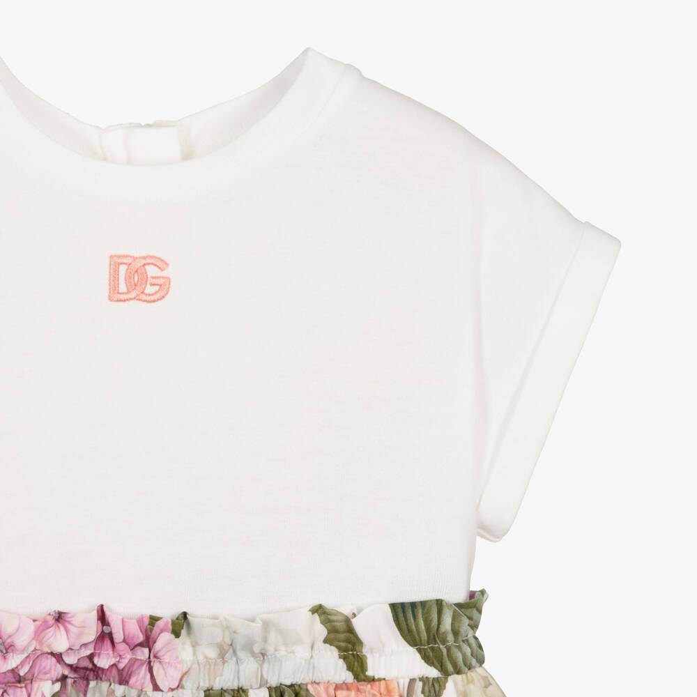 Dolce & Gabbana-Baby Girls White Cotton Dress with Pink Hydrangea Print | Childrensalon