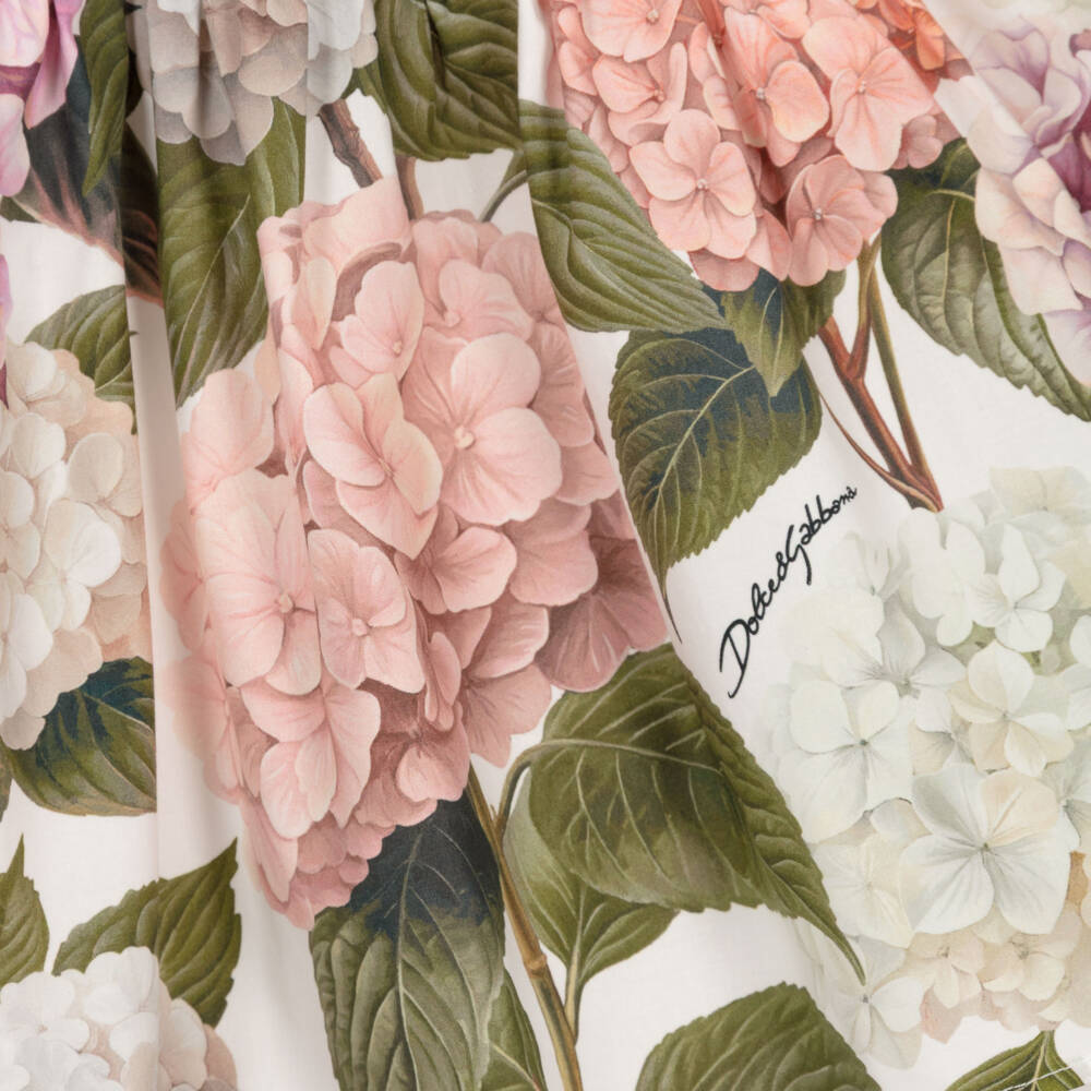 Dolce & Gabbana-Baby Girls White Cotton Dress with Pink Hydrangea Print | Childrensalon