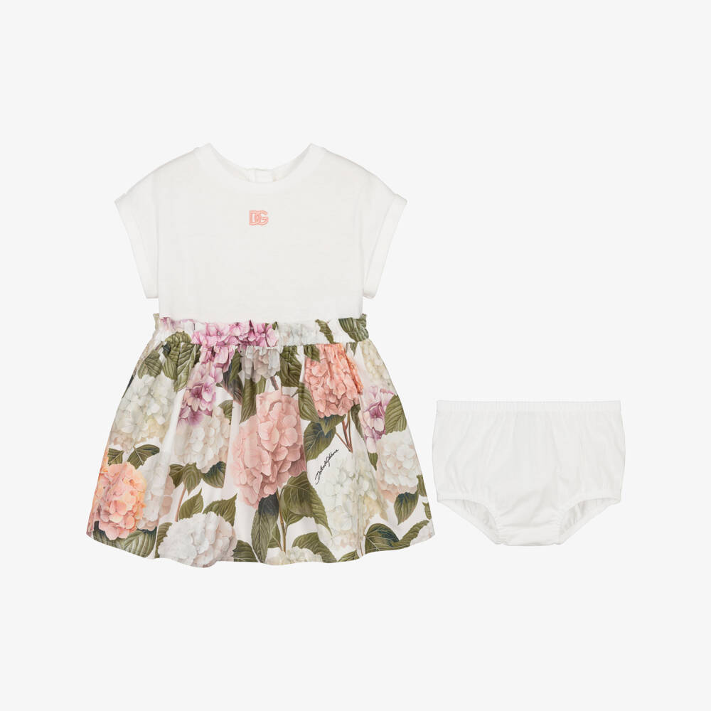 Dolce & Gabbana-Baby Girls White Cotton Dress with Pink Hydrangea Print | Childrensalon