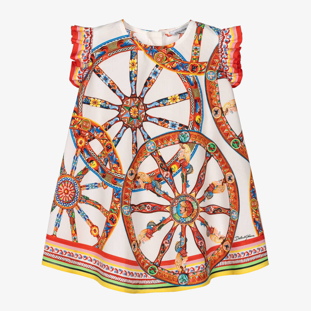 Dolce & Gabbana-Baby Girls White Cotton Poplin Carretto Print Dress | Childrensalon