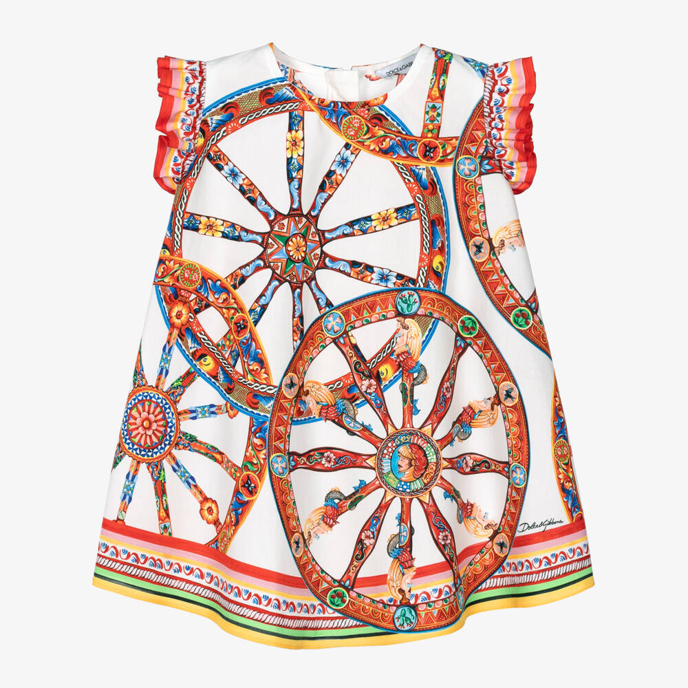 Dolce & Gabbana-Baby Girls White Cotton Poplin Carretto Print Dress | Childrensalon