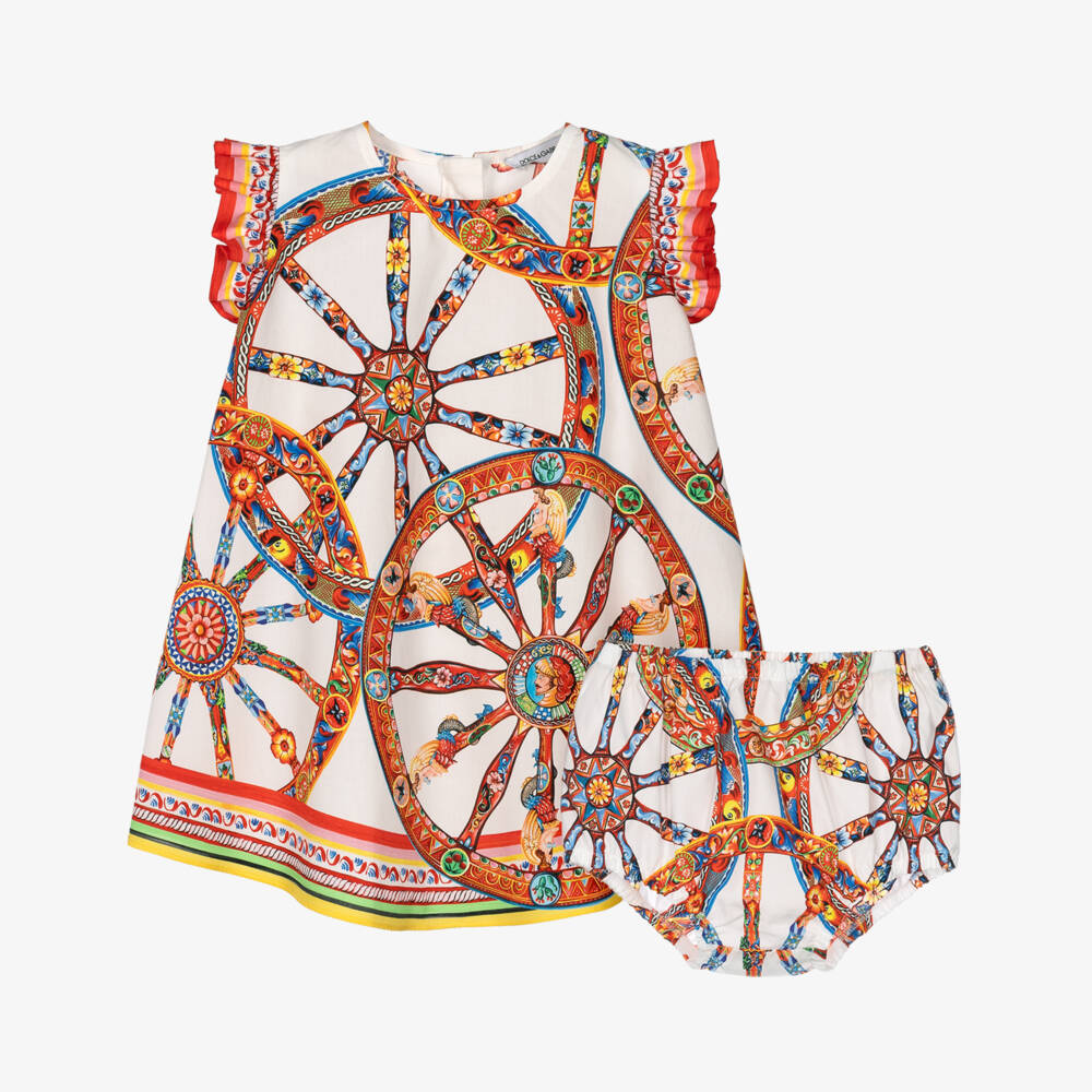 Dolce & Gabbana-Baby Girls White Cotton Poplin Carretto Print Dress | Childrensalon