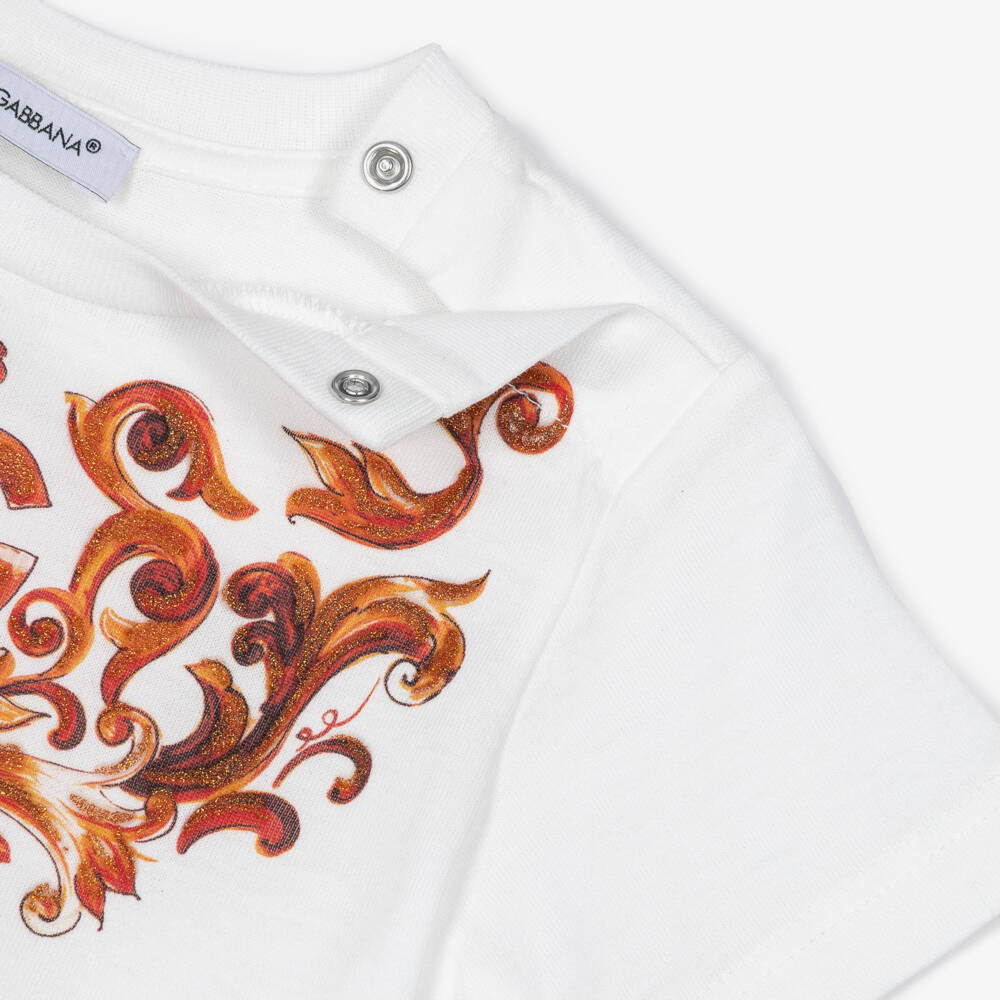 Dolce & Gabbana-Baby Girls White Cotton T-Shirt with Glittery DG Logo | Childrensalon