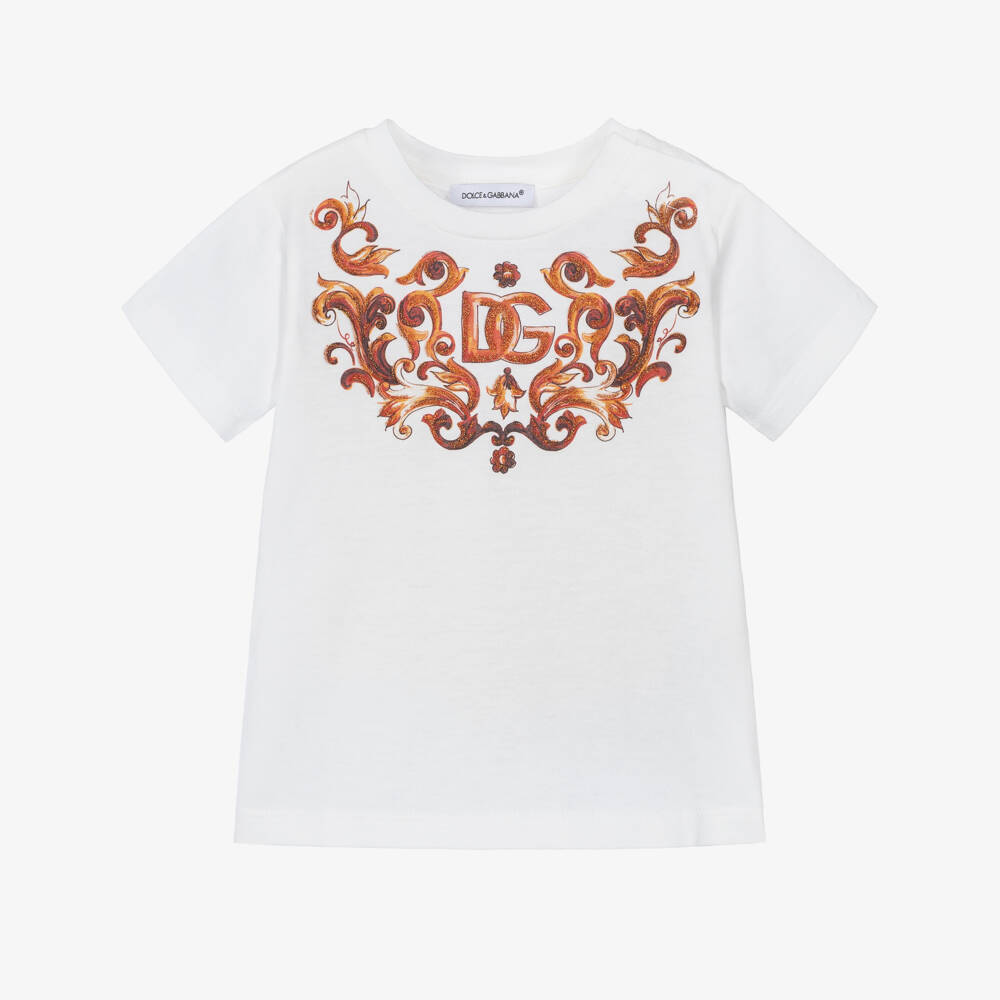 Dolce & Gabbana-Baby Girls White Cotton T-Shirt with Glittery DG Logo | Childrensalon