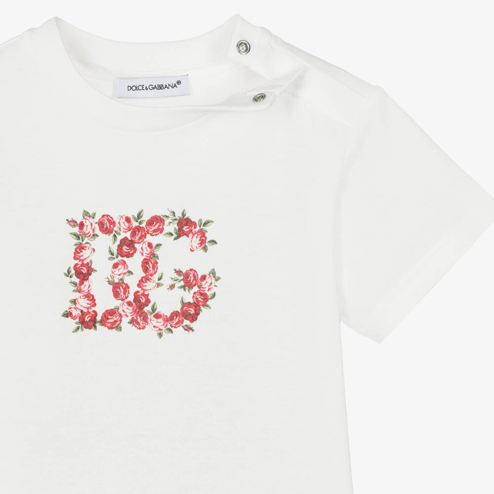 Dolce & Gabbana-Футболка белая из хлопка с красной розой DG для малышек | Childrensalon