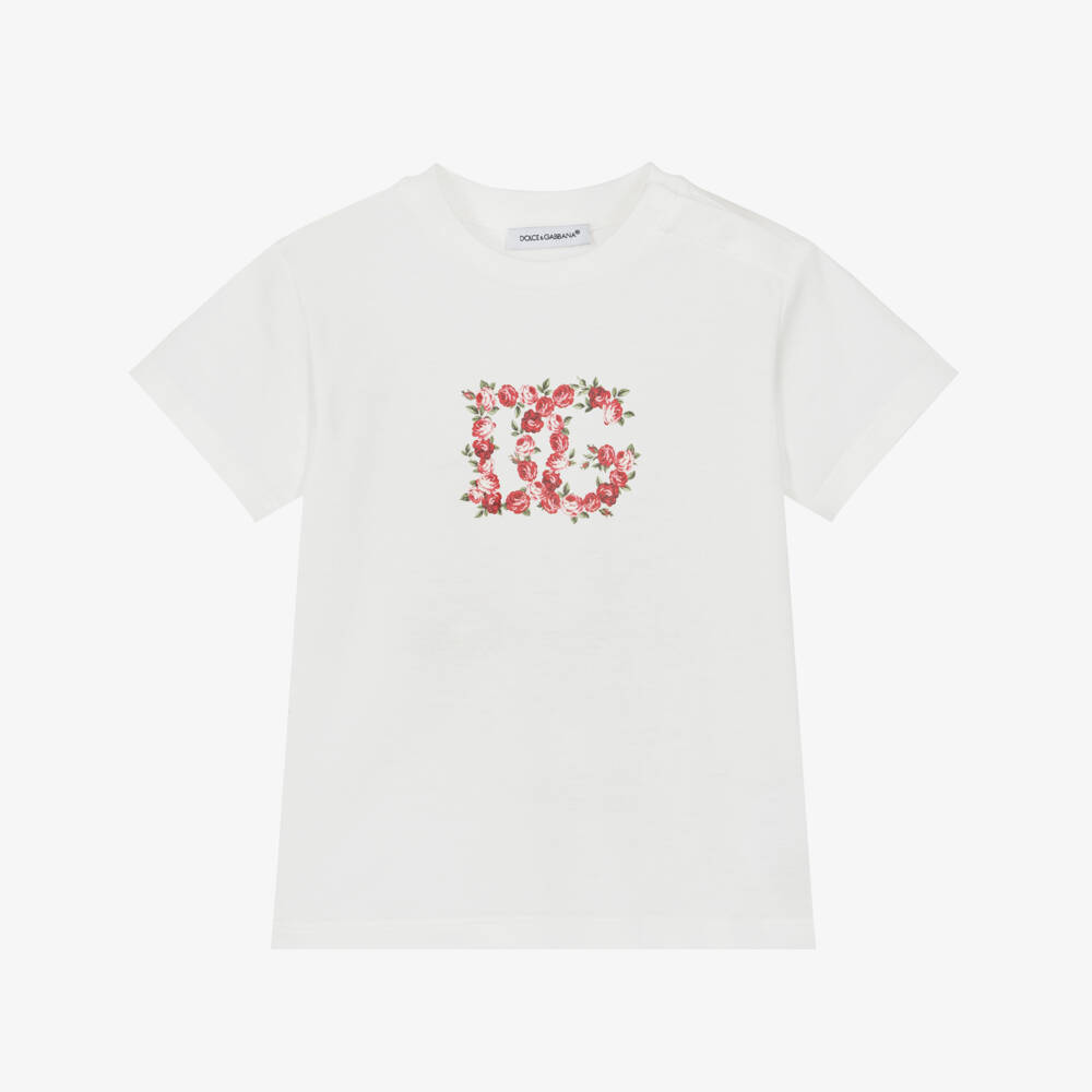 Dolce & Gabbana-Baby Girls White Cotton T-Shirt with Red Rose DG Logo | Childrensalon