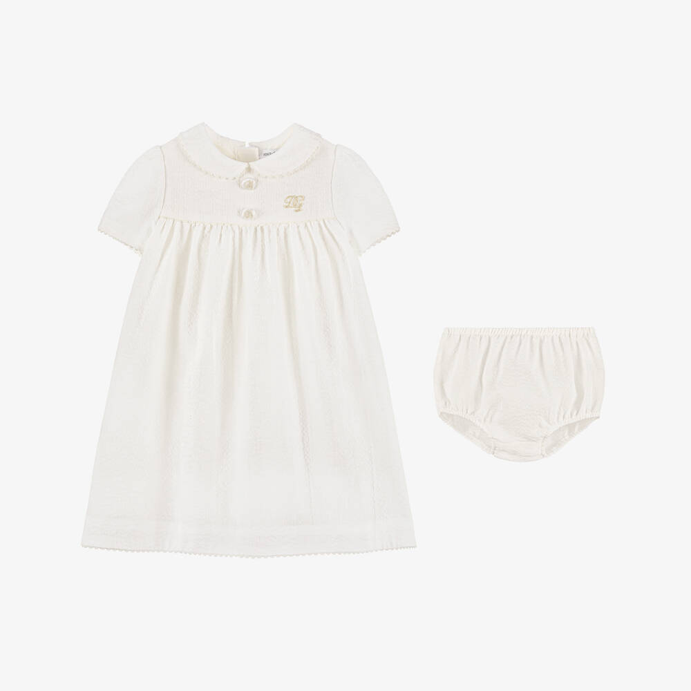 Dolce & Gabbana-Baby Girls White Linen Seersucker Dress | Childrensalon