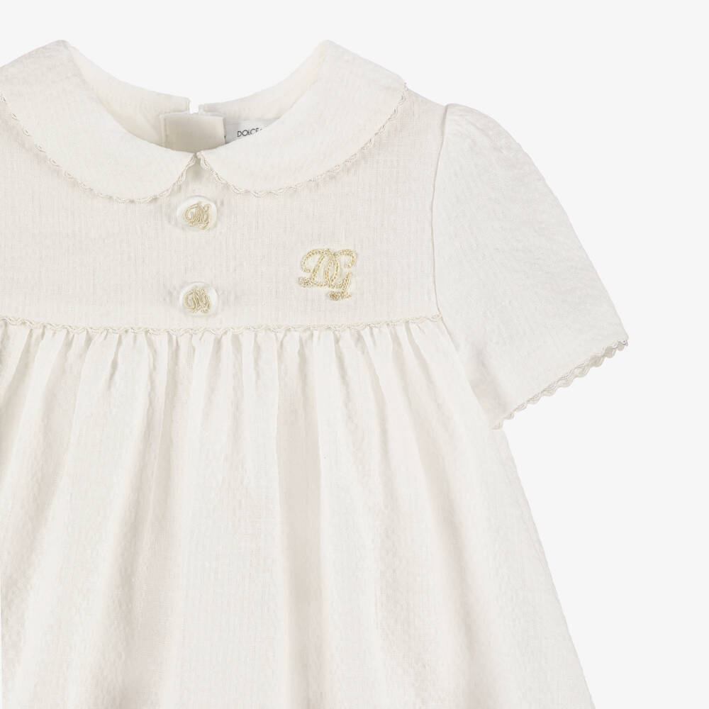 Dolce & Gabbana-Baby Girls White Linen Seersucker Dress | Childrensalon